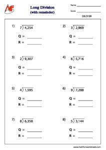LONG DIVISION - WITH REMAINDER - Math Fun Worksheets
