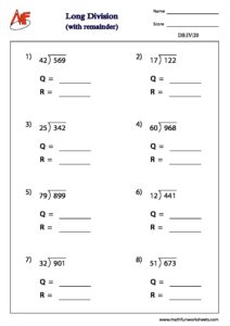 long division with remainder math fun worksheets