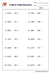 number subtraction horizontal free printable worksheets