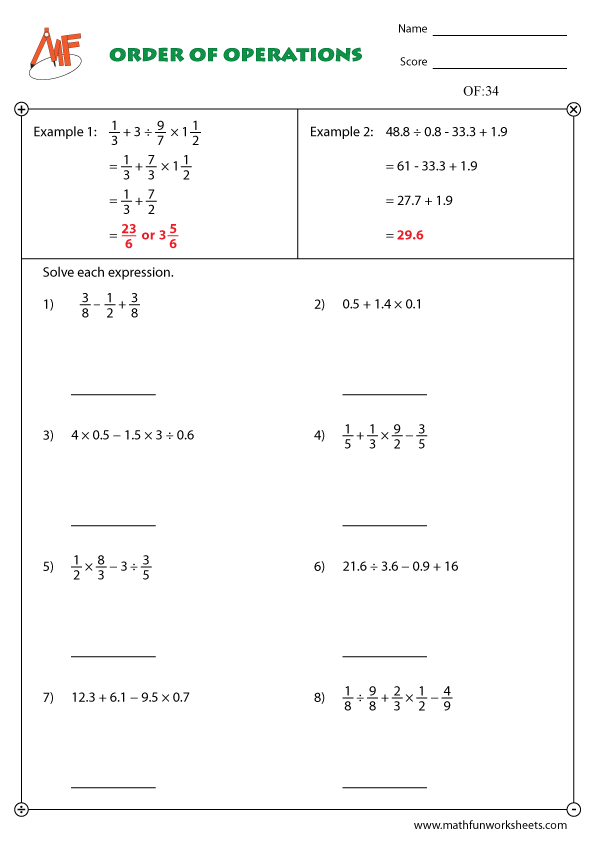 Order Of Operations Math Fun Worksheets