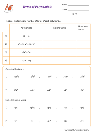 Identifying Polynomials Worksheets