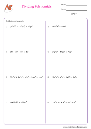 Dividing Polynomials Worksheets