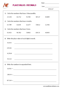 Place value for Decimals - Math Fun Worksheets